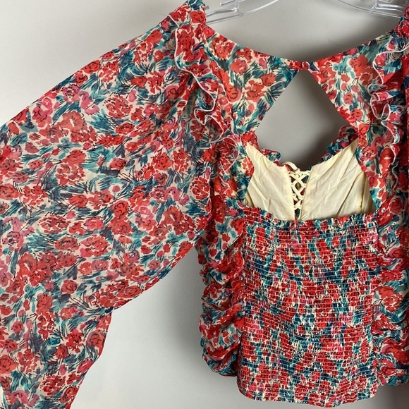 Free People Womens Mable Blouse Rose Combo Balloon Sleeve Crop Size M Milkmaid - Picture 14 of 16